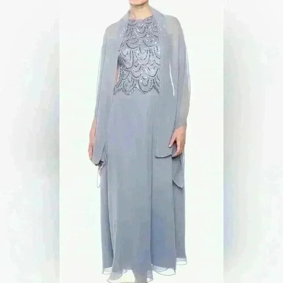 J Kara JKara Light Blue Sequined Sleeveless Beaded Pop Over Dress w/ Scarf $289 - Picture 1 of 16